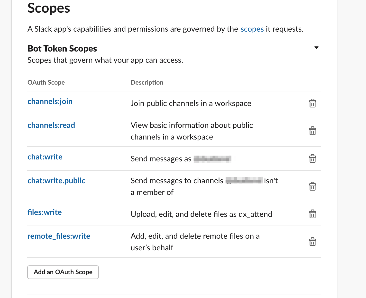 Slack Appのスコープ設定画面：channels、chat