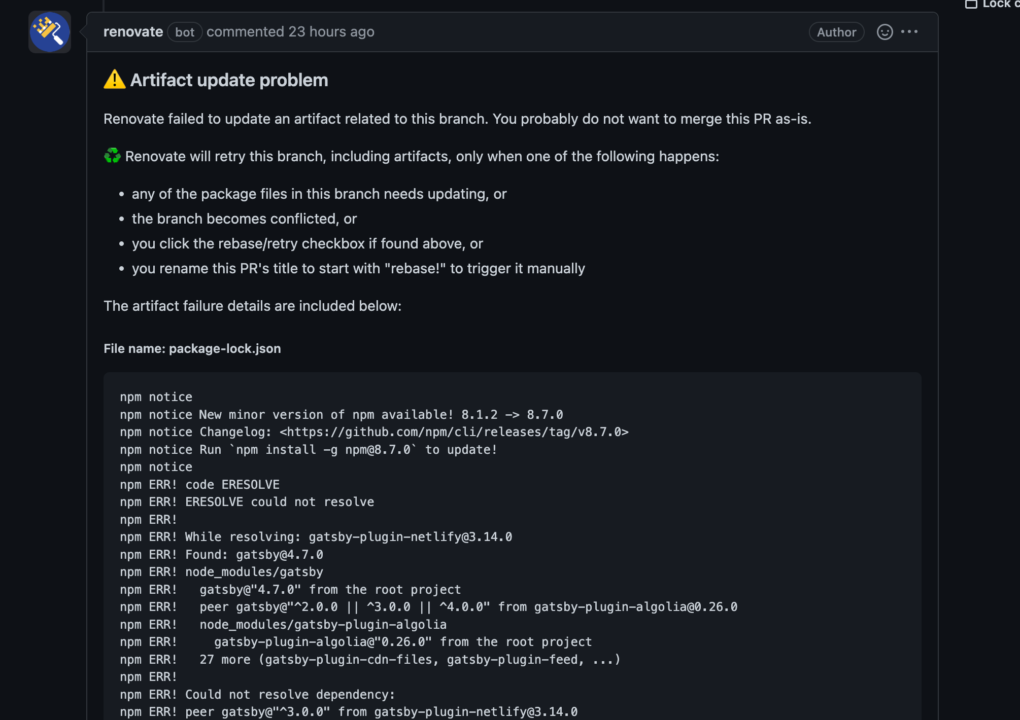 RenovateのPRにArtifact update problemの警告メッセージが表示された画面