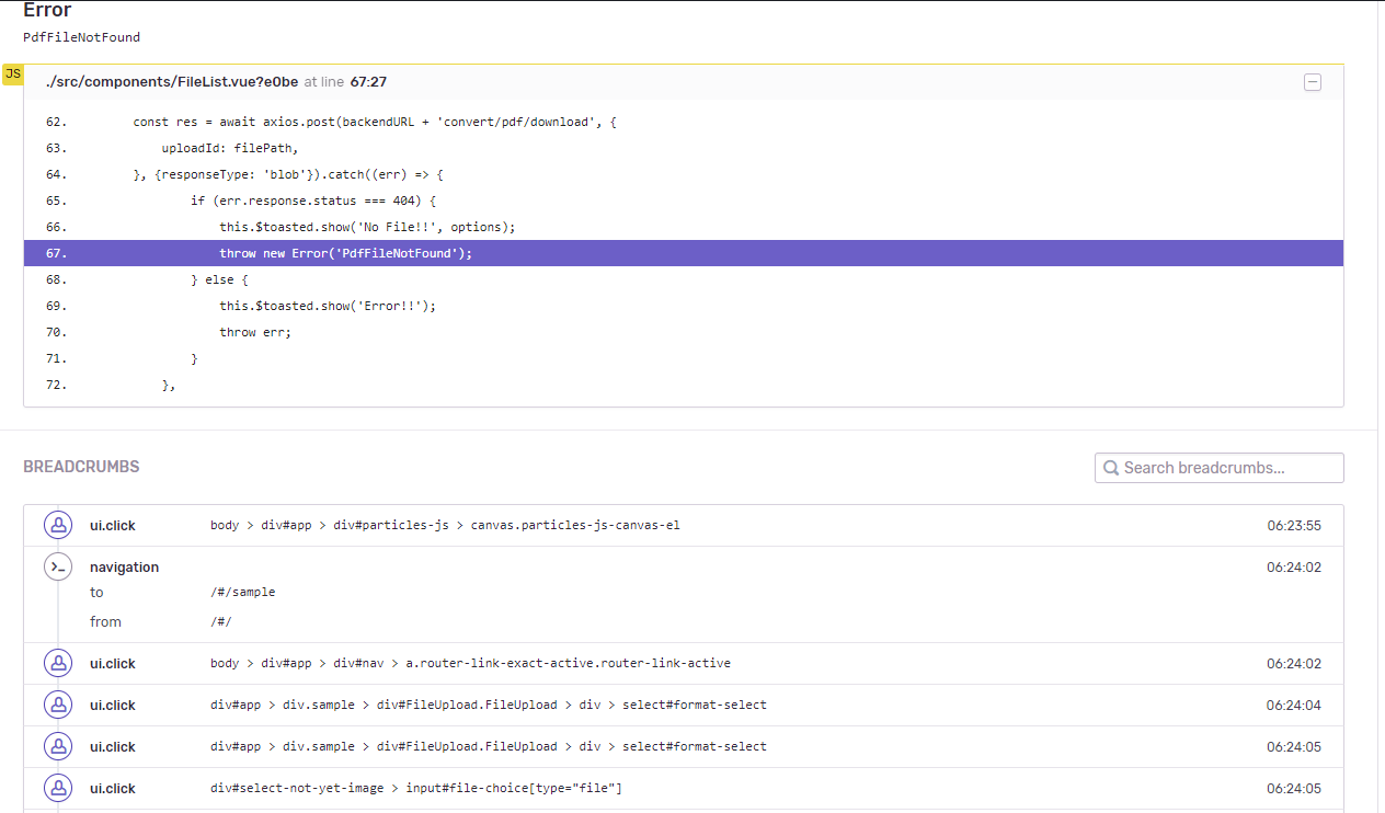 Sentryのエラー詳細画面：エラーが発火したコード位置が表示されている